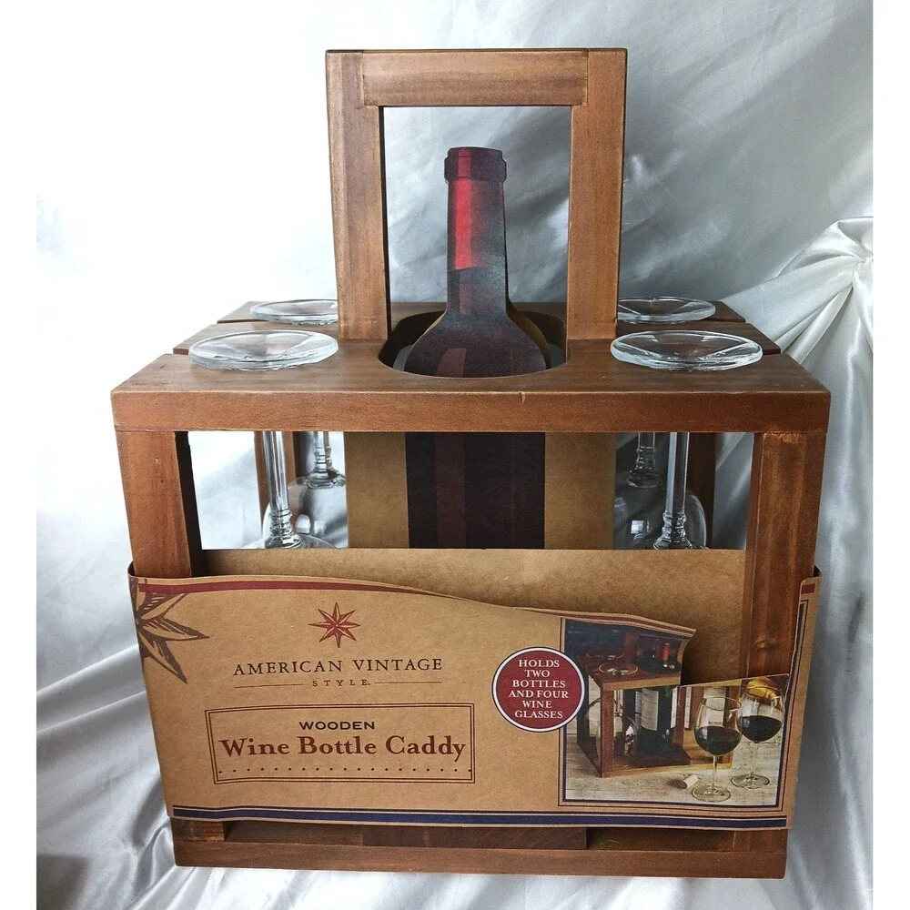 WOODEN WINE BOTTLE CADDY W/ WINE GLASSES (HOLDS 2 BOTTLES OF WINE)
